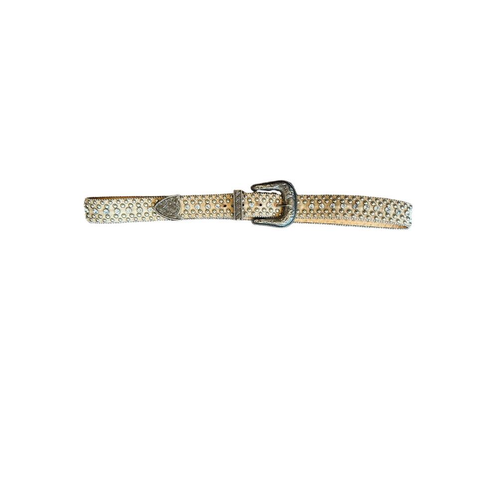 Guess L Women’s Faux Suede Studded Rhinestone Western Cowgirl Belt Silver Tan